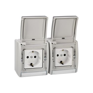 DOBLE BASE ENCHUFE BIPOLAR CON T.T.LATERAL PRECABLEADA GRIS