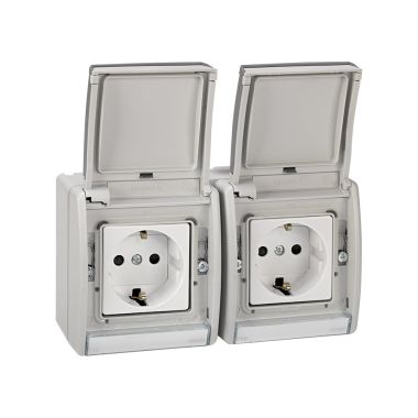 DOBLE BASE ENCHUFE BIPOLAR CON T.T.LATERAL PRECABLEADA GRIS
