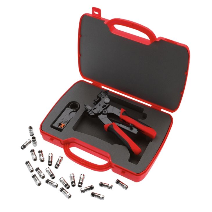 Gereedschap en beschermingsmateriaal - Cimco - Gereedschapsset voor Coax incl. perstang, striptang en 20 F-stekkers - 106154