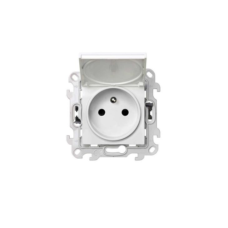 Stekkers, schakelaars en stopcontacten - Simon - S24 Stopcontact 2-polig met penaarde en klep  IP44, kleur: wit - 2400447-030
