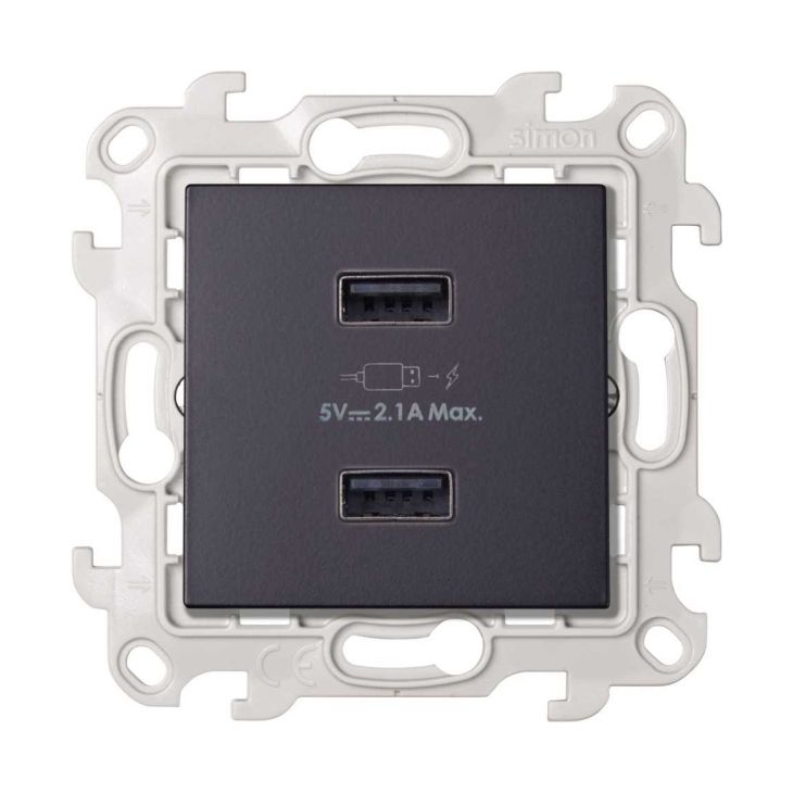 Stekkers, schakelaars en stopcontacten - Simon - S24 Stopcontact met dubbele USB A-lader 2.4A 230V, kleur: grafiet - 2411096-038