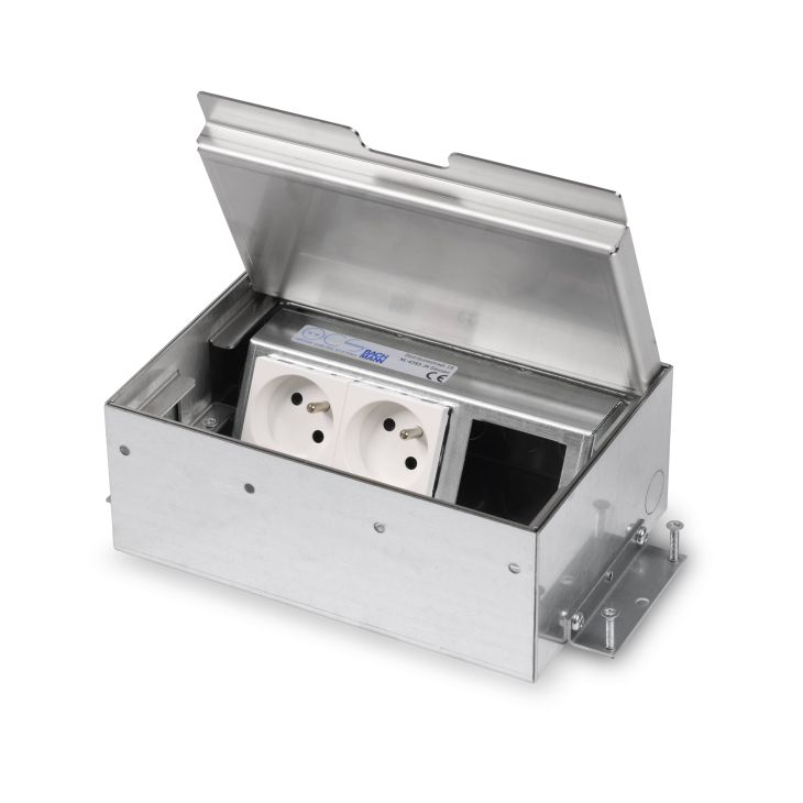 Kantoor elektrificatie en kabelmanagement - OCS - SERVICEBOX 3.0®  - RVS deksel met 15mm inlegdiepte - zonder oplegrand - 2x UTE + 1x leeg (uitsparing 45x45mm) - 33.92.167