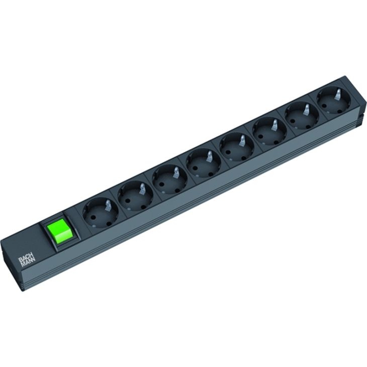 Électrification des bureaux et gestion des câbles - Bachmann - 19 1U 8x Schuko noir 1x Interrupteur 2m - 333.505