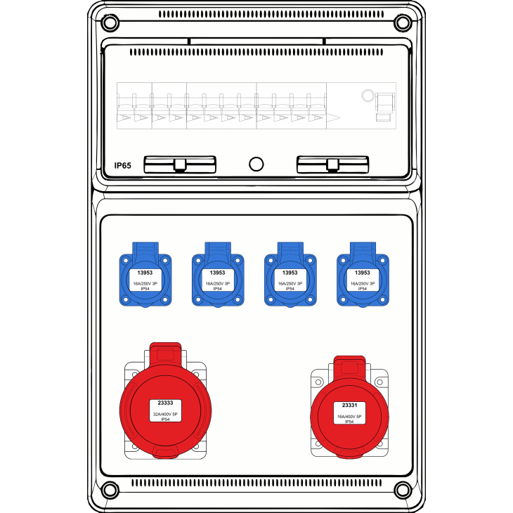 Matériel d'installation - Famatel - Boîte murale combi Large - 1x 16A 5P 400V + 1x 32A 5P 400V + 4x mono 230V - int + disj (4) - 10kA - FWC-L-10-10kA