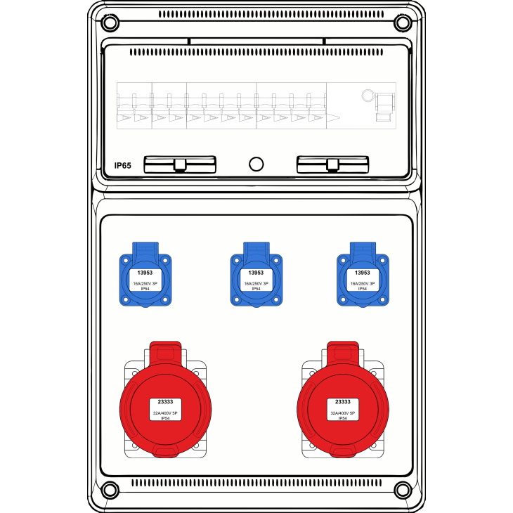 Matériel d'installation - Famatel - Boîte murale combi Large - 2x 32A 5P 400V + 3x mono 230V - int + disj (4) - 10kA - FWC-L-09-10kA