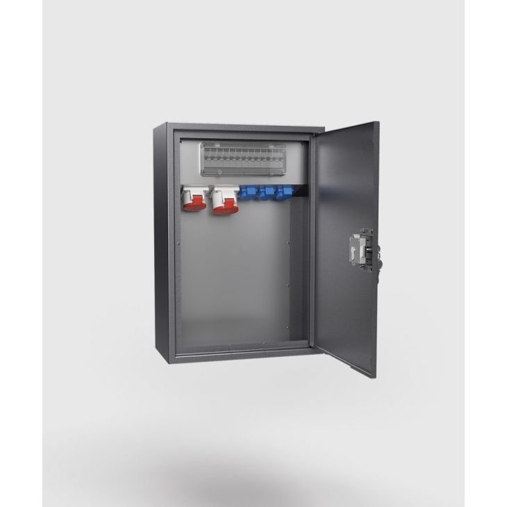 Matériel pour le chantier et l'atelier - Bodensteckdosen - Répartiteur mural 5623E - 5 modules (3x UTE + 1x CEE 5/16A 400V + 1x CEE 5/32A 400V + 3x 1P 16A CB + 1x 3P 16A CB + 1x 3P 32A CB + 1x 60-Amp-RCD), DB703 - 5623E-1-7-FR