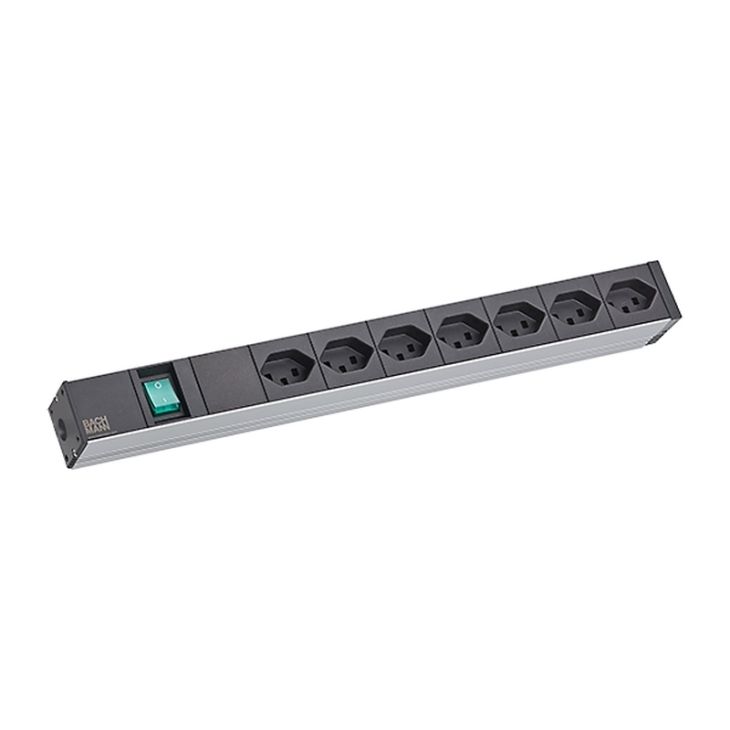 Électrification des bureaux et gestion des câbles - Bachmann - 19| Blocs d'alimentation 1U ALU 7x CH Swiss type 23 90° noir, 1x interrupteur - 800.1264