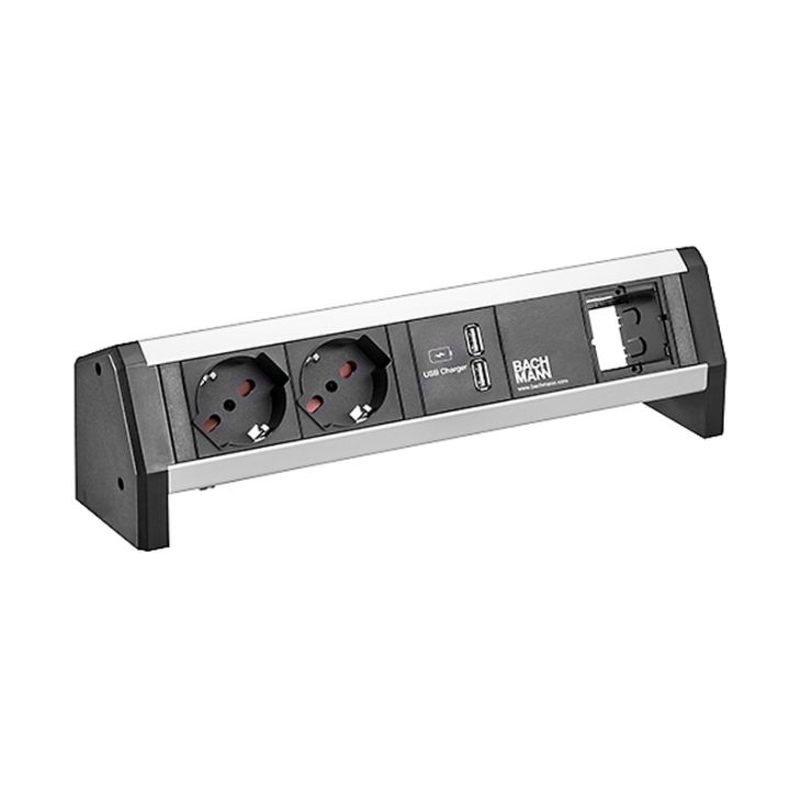 Kantoor elektrificatie en kabelmanagement - Bachmann - DESK power unit ALU (2x IT 1x USB charger 1x custom mod) met kinderbeveiliging en GST18i3 - 902.0179