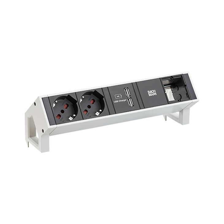 Kantoor elektrificatie en kabelmanagement - Bachmann - DESK2 4 modulen (2x IT Italian 1x USB 1x Lege mod) ALU wit RAL9010 met GST18i3 - 902.272