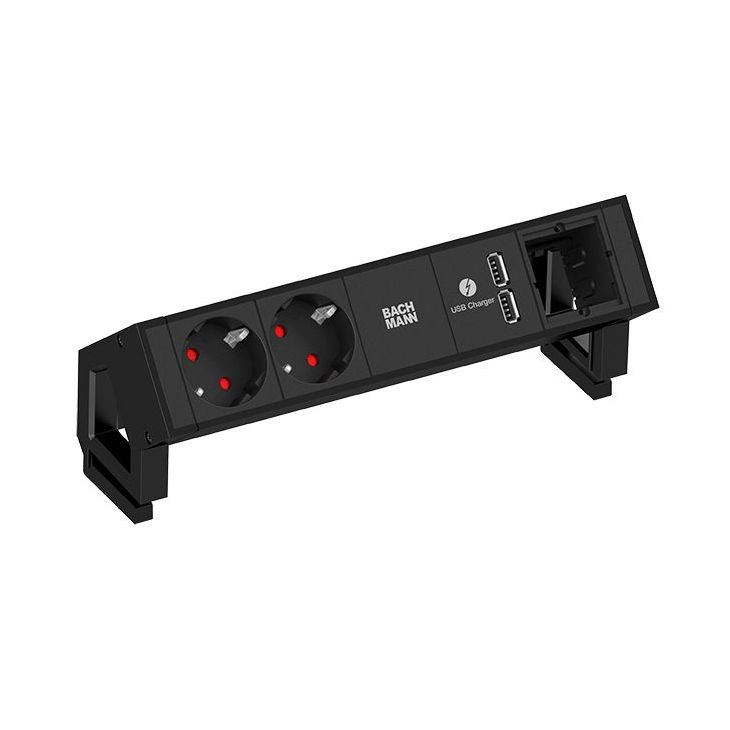 Électrification des bureaux et gestion des câbles - Bachmann - DESK2 2xSCHUKO 1xUSB Charger 1xCM Strom 0.2m GST18 RAL9005 - 902.602