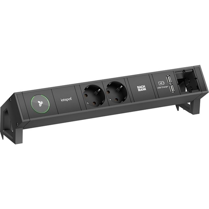 Kantoor elektrificatie en kabelmanagement - Bachmann - DESK2 4 modulen (1x IOTSPOT 2x Stopcontacten 1x USB Charger A/A 1x Custom mod) zwart RAL9005 met kabel 0,2m GST18i3 (SHUKO) - 902.801