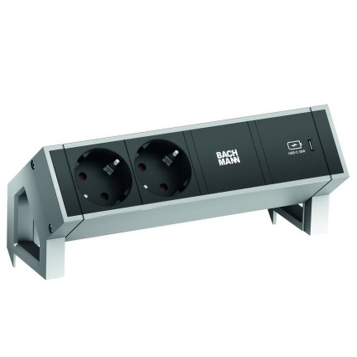 Électrification des bureaux et gestion des câbles - Bachmann - DESK2 3 mod. (2x SCHUKO+ 1xUSB CHARGER C30W) Inox+ 0,2m GST18 - 902.902