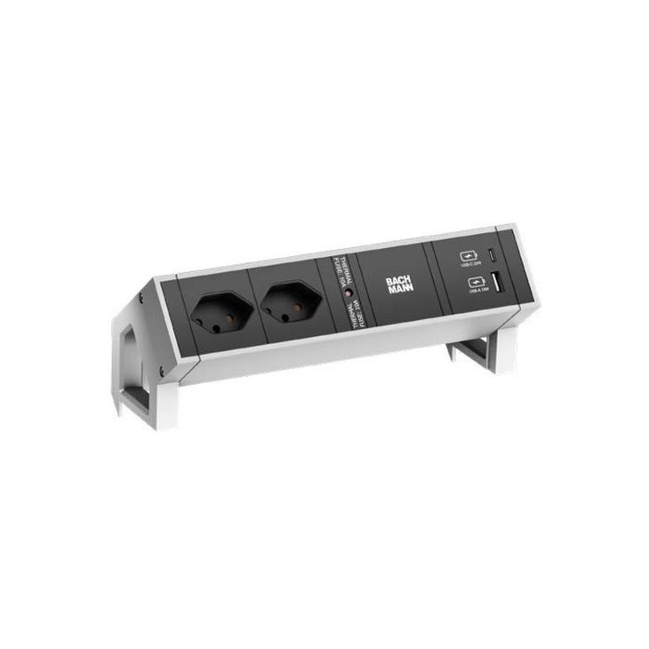 Électrification des bureaux et gestion des câbles - Bachmann - DESK2 4 mod. (2x SCHUKO+ 1xUSB CHARGER A&C 22W+ 1x Mod. vide) Inox+ 0,2m GST18 - 902.904