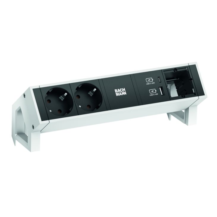 Kantoor elektrificatie en kabelmanagement - Bachmann - DESK2 4 modulen (2x Stopcontacten 1x USB Charger A&C 22W+ 1x Custo mod) wit RAL9010 met kabel 0,2m GST18i3 (SHUKO) - 902.935