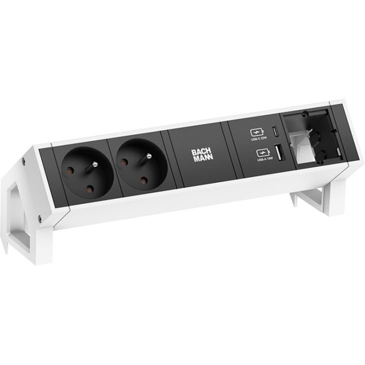 Électrification des bureaux et gestion des câbles - Bachmann - DESK2 4 mod. (2xUTE+ 1xUSB CHARGER A&C 22W+ 1x vide MOD) blanc RAL9010+ 0,2m GST18 - 902.953