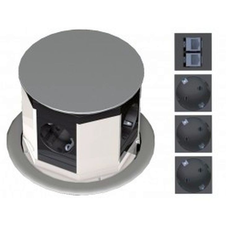 Kantoor elektrificatie en kabelmanagement - Bachmann - LIFT 3x Stopcontacten 2x CAT6 3m en stroom kabel 3m zilvre (SHUKO) - 904.009
