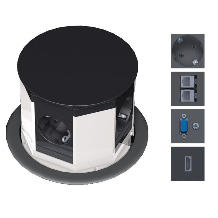 Kantoor elektrificatie en kabelmanagement - Bachmann - LIFT 1x Stopconact 2x CAT6 3m 1x VGA 3m met klinge 1x HDMI 3m en stroom kabel 3m zwart (SHUKO) - 904.045