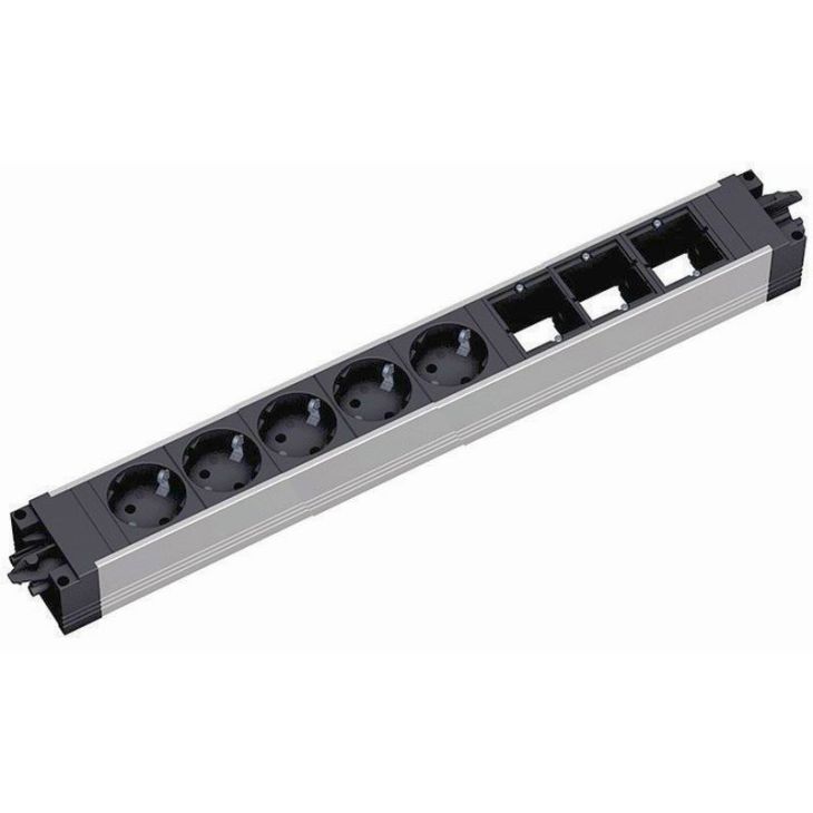 Kantoor elektrificatie en kabelmanagement - Bachmann - STEP ALU powerstrip 8 modulen (1x Overspanningsbeveiliging 5x Stopcontacten 3x Lege mod) GST18i3 - 906.1067