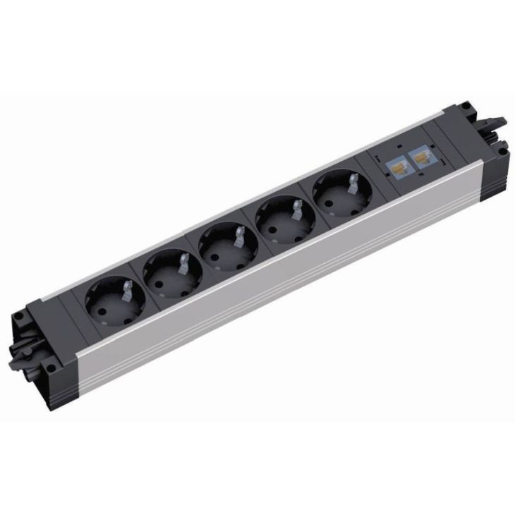 Kantoor elektrificatie en kabelmanagement - Bachmann - STEP ALU powerstrip 6 modulen (5x Stopcontacten 35° 2x CAT6A) GST18i3 (SHUKO) - 906.1299
