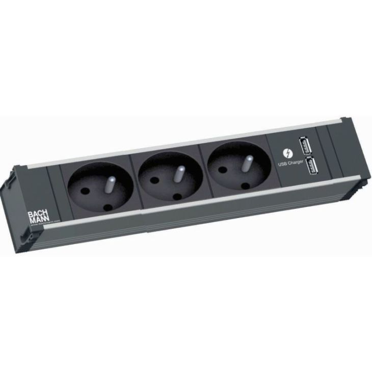 Électrification des bureaux et gestion des câbles - Bachmann - CONI powerstrip 3 modules (2x UTE + 1x USB CHARGER A/A) + 0,2m GST18 - 912.1645