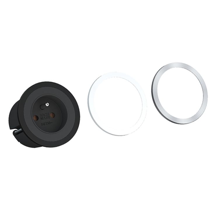 Électrification des bureaux et gestion des câbles - Bachmann - PIX (1x SCHUKO) avec 3 anneaux noir/blanc/inox + 2 mtr cable - 926.001