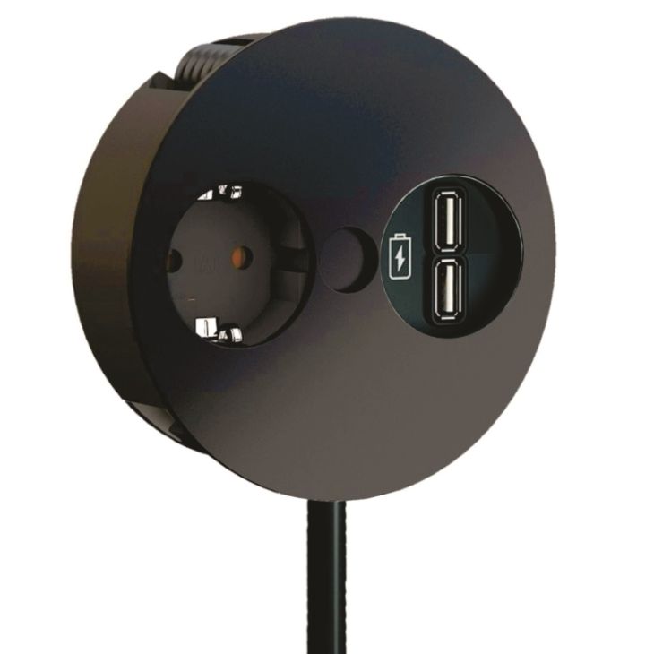 Kantoor elektrificatie en kabelmanagement - Bachmann - TWIST (1x Stopcontact 1x USB Charger) zwart mat RAL9005 met 2m kabel GST18i3 (SHUKO) - 931.136