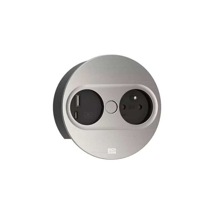 Kantoor elektrificatie en kabelmanagement - Bachmann - TWIST 2 Rond (1x UTE + 1x USB charger A/C 22W) Inox look + 2m kabel - 946.006