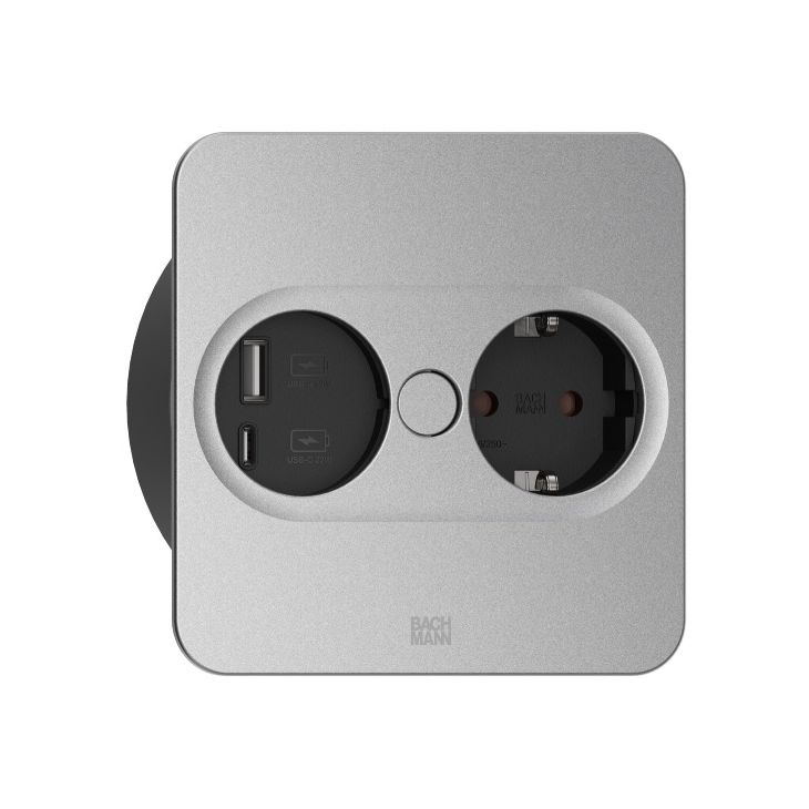 Électrification des bureaux et gestion des câbles - Bachmann - TWIST 2 Carré (1x Schuko + 1x USB charger A/C 22W) Argent mat + câble 2mtr - 946.013