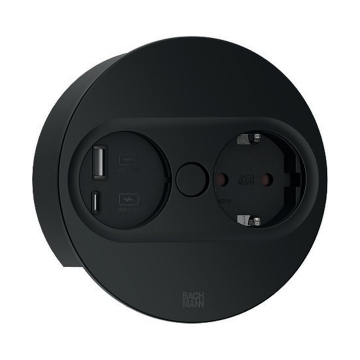 Électrification des bureaux et gestion des câbles - Bachmann - TWIST 2 Ronde (1x Schuko + 1x USB charger A/C 22W) Noir mat RAL9005 + câble 2mtr - 946.104