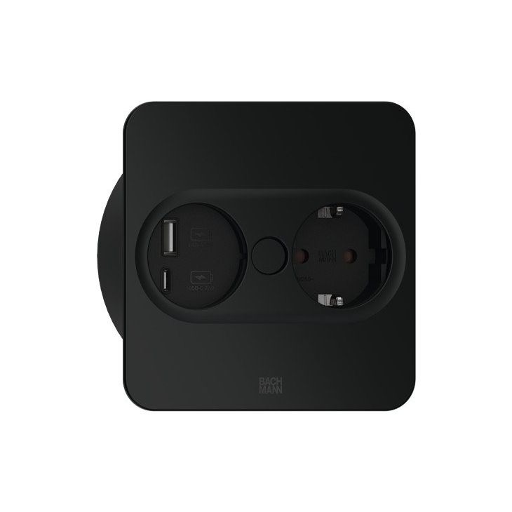 Électrification des bureaux et gestion des câbles - Bachmann - TWIST 2 Carré (1x Schuko + 1x USB charger A/C 22W) Noir mat RAL9005 + câble 2mtr - 946.105