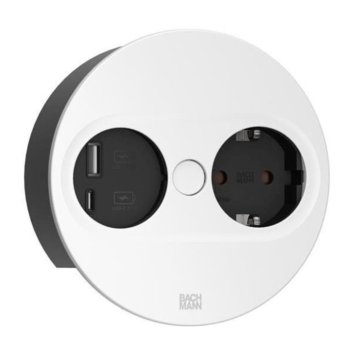 Électrification des bureaux et gestion des câbles - Bachmann - TWIST 2 Ronde (1x Schuko + 1x USB charger A/C 22W) Blanc mat RAL9010 + câble 2mtr - 946.204