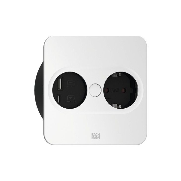 Kantoor elektrificatie en kabelmanagement - Bachmann - TWIST 2 Vierkant (1x Schuko + 1x USB charger A/C 22W) mat wit + 2mtr kabel - 946.205