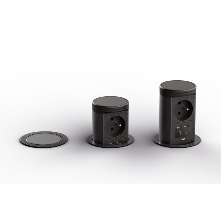 Kantoor elektrificatie en kabelmanagement - Bachmann - ELEVATOR 2 (1x UTE + 1x USB-C+C 45W Charger) IP44 Zwart-mat RAL9005 met 0,5mtr kabel GST18 - BM0020581