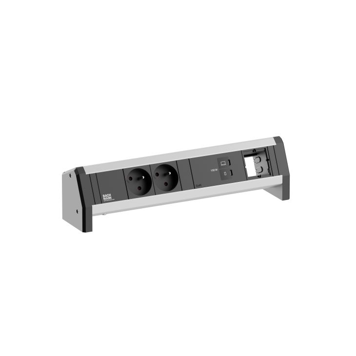 Électrification des bureaux et gestion des câbles - Bachmann - DESK1 -  4 modules (2x UTE + 1x USB Charger C+C 100W + 1x module vide) ALU avec 0,2mtr cable + set de fixation - BM0023831