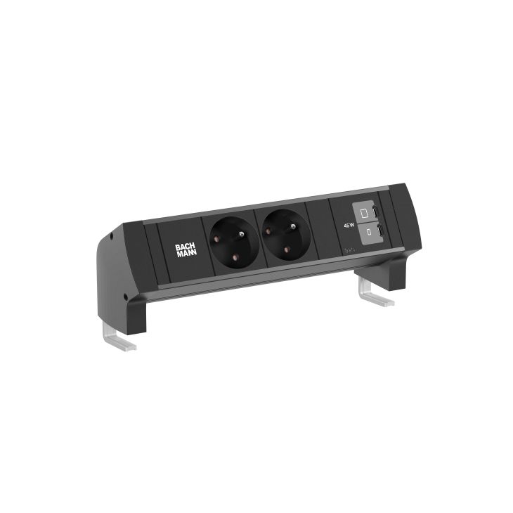 Électrification des bureaux et gestion des câbles - Bachmann - DESK STYLE Noir (2x UTE + 1x USB C+C 45W) 0,2m GST18 - BM0028997