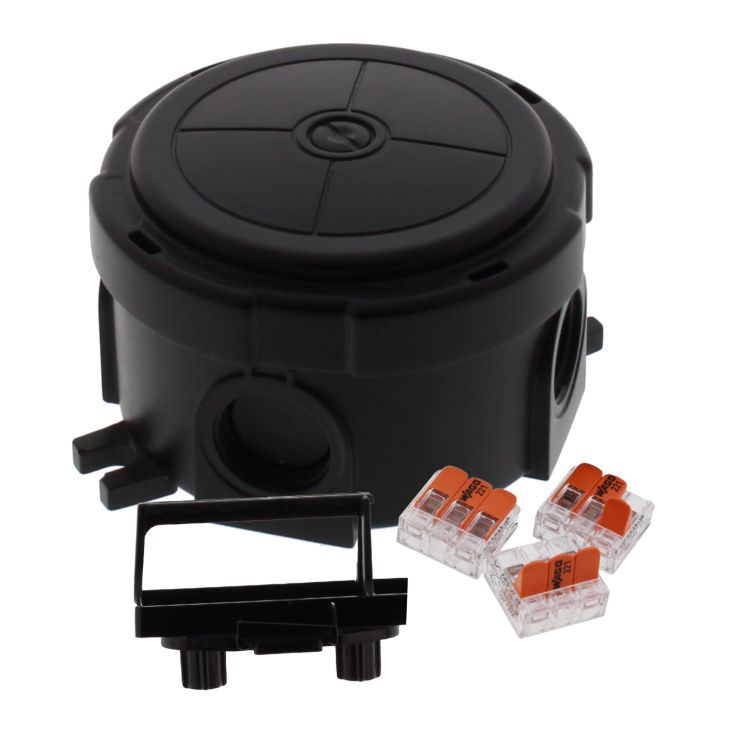 Stekkers, schakelaars en stopcontacten - Wiska - COMBI 304 / 3-221-413 BK aansluitdoos rond 82 x 57mm met Wago klem (RAL9005) zwart - 10110636