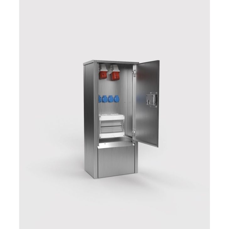Werf- en werkplaatsmateriaal - Bodensteckdosen - Energiezuil EST24 - 6 modules (4x UTE + 1x CEE 5/16A 400V + 1x CEE 5/32A 400V + 2x 1P 16A CB + 1x 3P 16A CB + 1x 3P 32A CB + 1x 40-Amp-RCD), geborsteld RVS - EST24-1-1-FR