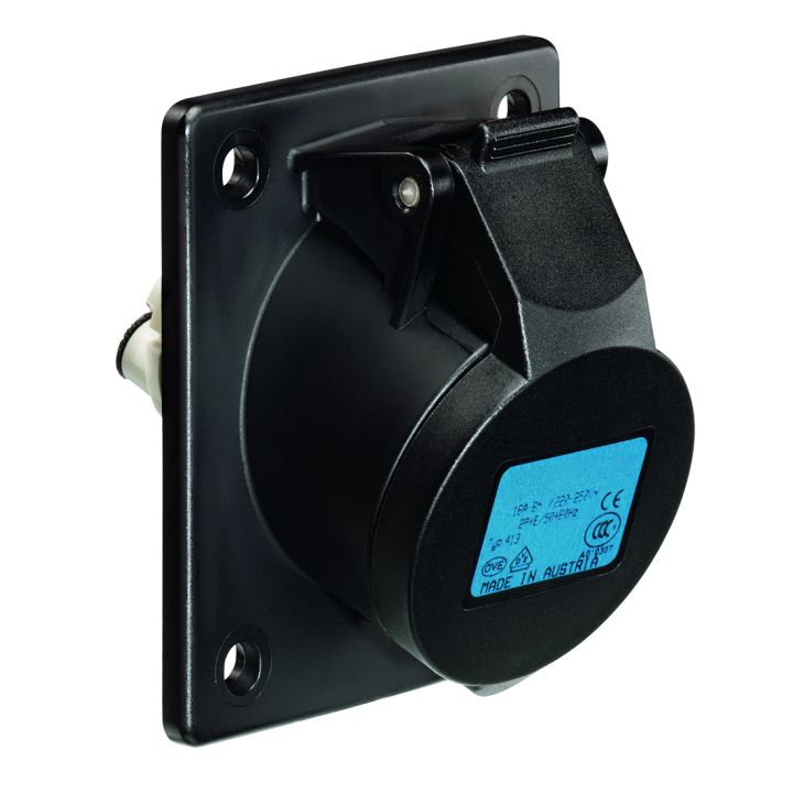 Stekkers, schakelaars en stopcontacten - ABL - CEE flenscontactdoos schuin 20°, zwart, IP44, 16A, 3-polig, 230V, 6h, blauw - F31S22B