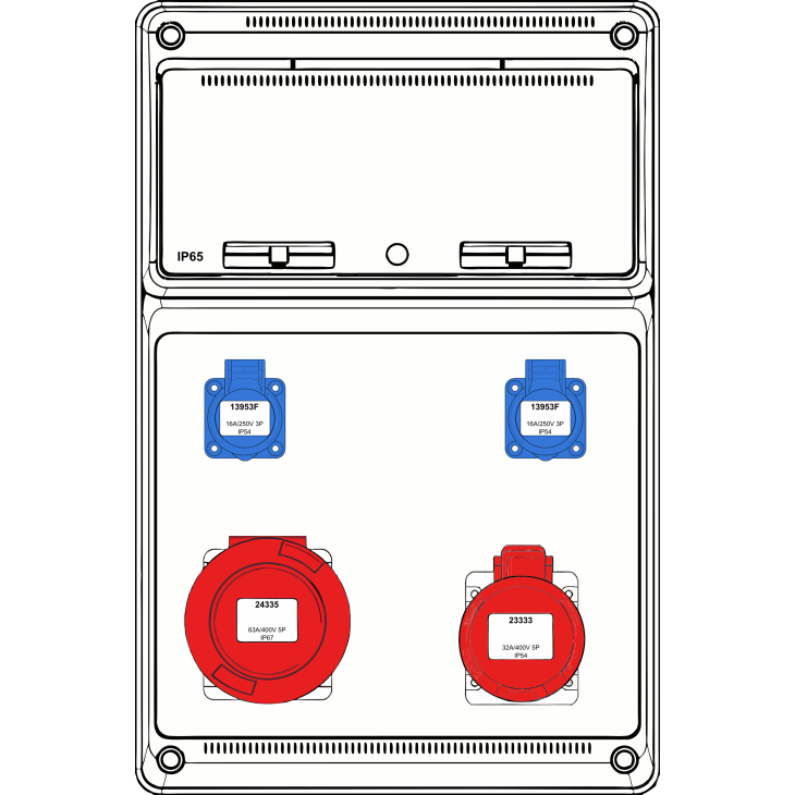 Matériel d'installation - Famatel - Boîte murale combi Large - 1x 32A 5P 400V + 1x 63A 5P 400V + 2x mono 230V - int + disj (3) - 10kA - FWC-L-04-10kA