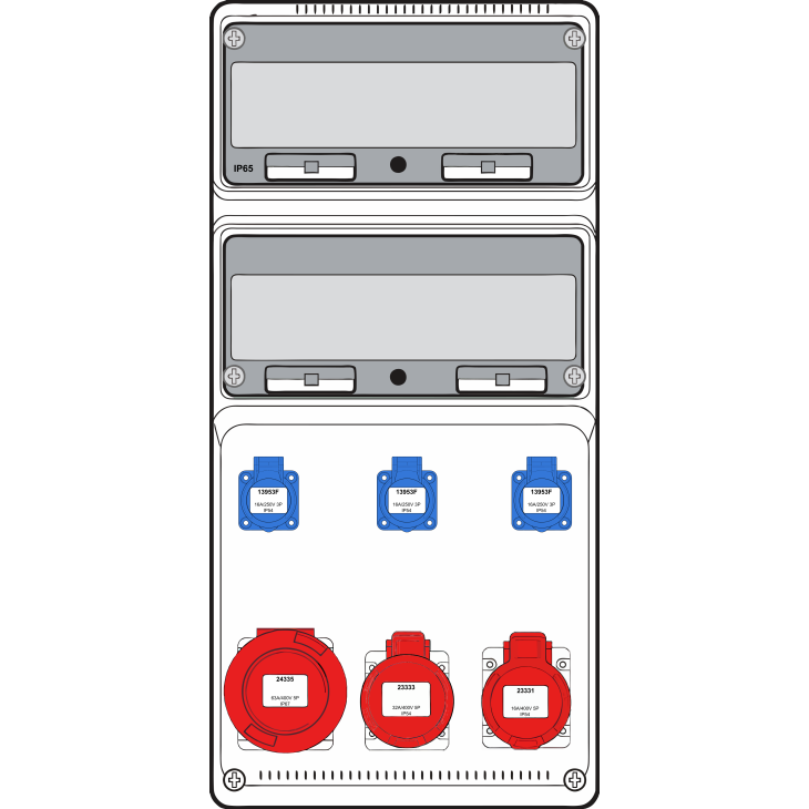 Matériel d'installation - Famatel - Boîte murale combi XLarge -1x 16A 5P 400V + 1x 32A 5P 400V + 1x 63A 5P 400V + 3x mono 230V - int + disj (5) - 10kA - FWC-XL-10-10kA