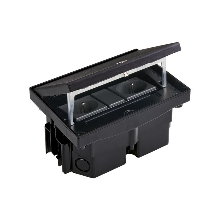 Kantoor elektrificatie en kabelmanagement - Simon - IP66 Kit vloerdoos zwart met 2 stopcontacten en halve K45 module, incl. inbouwdoos volle vloer - VDESIMFB222