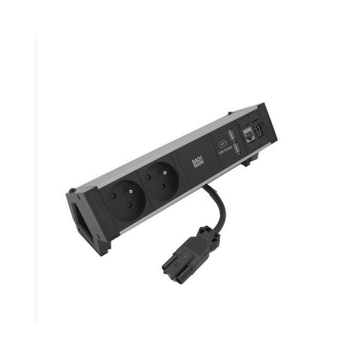 Électrification des bureaux et gestion des câbles - Bachmann - DESK2 4 modules (2x UTE + 1xUSB CHARGER A/A +1xCAT6 A + 1xHDMI) alu/black - VDEDESK24