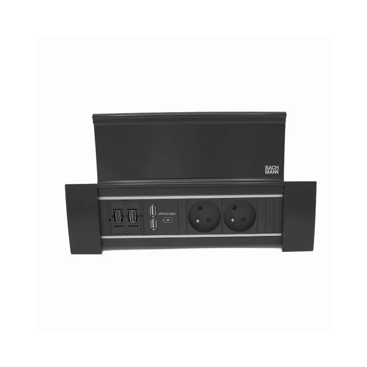 Électrification des bureaux et gestion des câbles - Bachmann - POWER FRAME COVER 4 mod.(2x UTE +1xUSB CHARGER A/A+1xHDMI+ 1xUSB A/A) noir R9005 - VDEPFC70