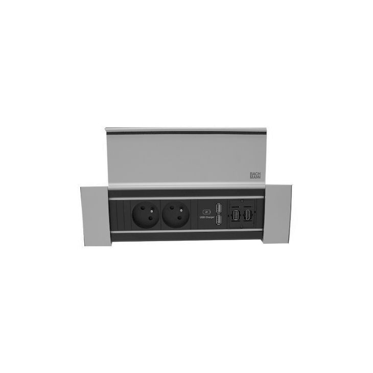 Kantoor elektrificatie en kabelmanagement - Bachmann - POWER FRAME COVER 4 mod. (2x UTE +1xUSB CHARGER A/A +1xHDMI +1xUSB A/A) ALU geano - VDEPFC71