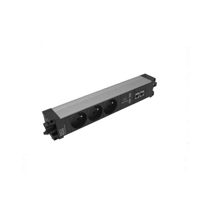 Kantoor elektrificatie en kabelmanagement - Bachmann - STEP ALU powerstrip 5 modules (3x UTE + 1xUSB CHARGER A/A+ 2 xCAT6 A) GST18 - VDESTEPALU10