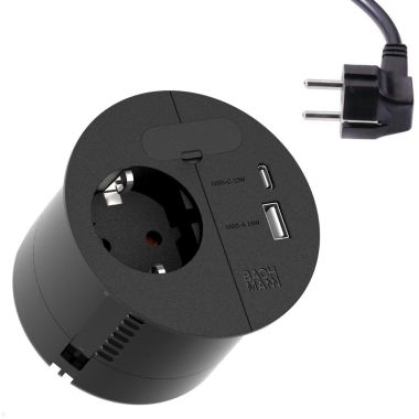 Kantoor elektrificatie en kabelmanagement - Bachmann - LOOP IN CHARGE (1xSCHUKO + 1xUSB A/C 22W 1x Kabeldoorvoer) 2,0m CEE7/7 zwart RAL9005 - 938.201