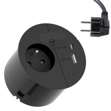 Kantoor elektrificatie en kabelmanagement - Bachmann - LOOP IN CHARGE (1xUTE + 1xUSB A/C 22W + 1x Kabeldoorvoer) 2,0m CEE7/7 zwart RAL9005 - 938.202
