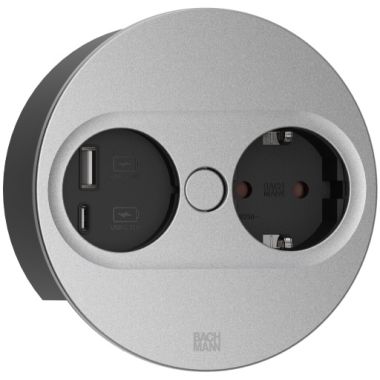 Électrification des bureaux et gestion des câbles - Bachmann - TWIST 2 Ronde (1x Schuko + 1x USB charger A/C 22W) Argent mat + câble 2mtr - 946.012