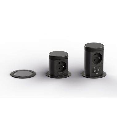 Kantoor elektrificatie en kabelmanagement - Bachmann - ELEVATOR 2 (1x UTE + 1x USB-C+C 45W Charger) IP44 Zwart-mat RAL9005 met 0,5mtr kabel GST18 - BM0020581