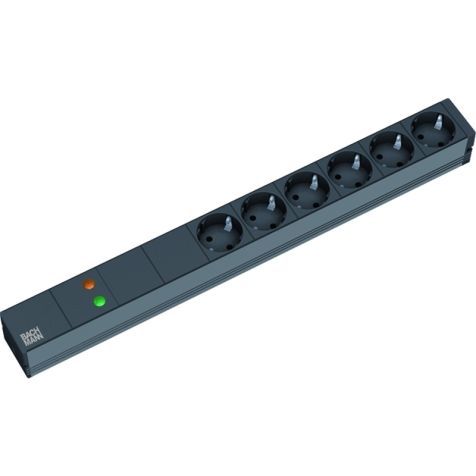 19 1HE 6x Stopcontacten zwart 1x Overspanningsbeveiliging met kabel 2m (SHUKO)